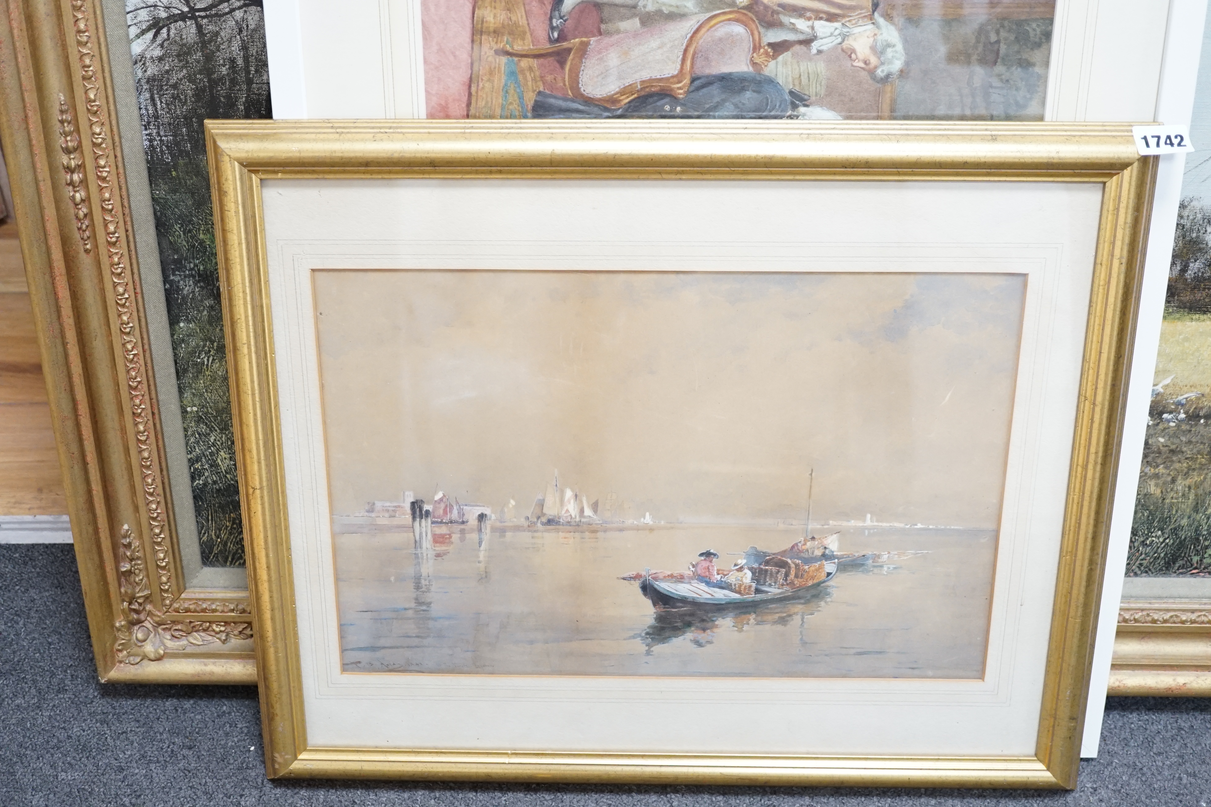 Thomas Bush Hardy (1842-1897), heightened watercolour, Boats at sea, signed, 27 x 42cm. Condition - poor, discolouration and staining to the paper commensurate with age